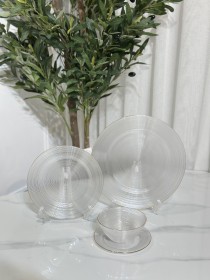 طقم صحون سفرة 24 قطعة شفاف أملس بحيف ذهبي