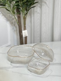 طقم صحون سلطية 3 قطع شفاف بحيف ذهبي