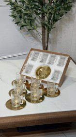 طقم كاسات شاي بيد كريستال وصحن بللون النحاسي 6+6